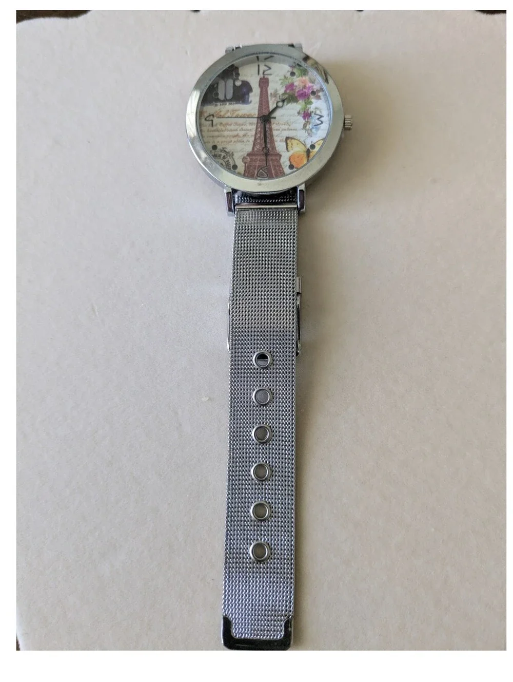 New Eiffel Tower Floral Face Mesh Strap Watch - Silver Tone